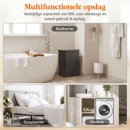 Wasmand - Grote wasmand met deksel - 80 liter zwart - Vuile kledingmand - Met afneembare zakken - Geschikt voor badkamer en slaapkamer — thumbnail 4