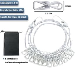 Dailygoods- Waslijn Uittrekbaar 1,8m - Draagbare Campingwaslijn - 12 Wasknijpers - Multifunctionele Waslijn - Inclusief Opbergzak - Eenvoudige Installatie - Reiswaslijn — thumbnail 5