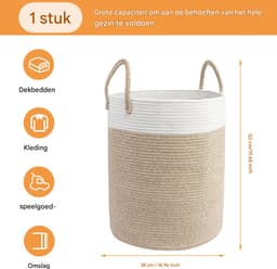 Lemlit Wasmand - Gevlochten Opbergmand met Handvatten 58 L - Speelgoedmand voor Kinderkamer Slaapkamer en Woonkamer - 38 x 50 cm - Wit Bruin — thumbnail 2