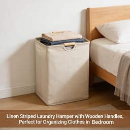 Wasmand- katoenen linnen opbergmand met houten handgrepen - opvouwbare stoffen organizer voor slaapkamer - badkamer en huisorganisatie - beige - 40*30*50 cm — thumbnail 3