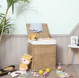 MIRA Home - Handgeweven wasmand - Wassorteerder - Verwijderbare voeringzak - Licht bruin - 68x52.6x7.2 — thumbnail 3
