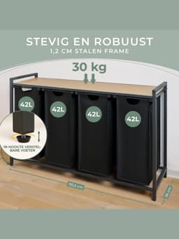 MMM® Wasmand 4 Vakken - Wasbox - Wassorteerder - met Plank in Bamboe-Look - met Metalen Frame in Zwart - Zwart — thumbnail 3