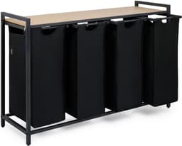 MMM® Wasmand 4 Vakken - Wasbox - Wassorteerder - met Plank in Bamboe-Look - met Metalen Frame in Zwart - Zwart — thumbnail 2