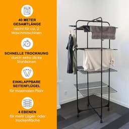 Yoursol Paris Droogrektoren in zwart, opvouwbare droogrektoren met 4 niveaus, ruimtebesparende opvouwbare droogrektoren, oprolbaar, 40 m waslijn, extra dikke lijnen, hoogte = 1,72 m — thumbnail 4