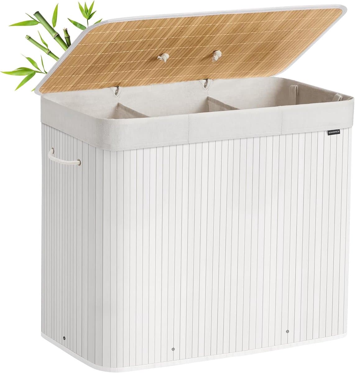 SONGMICS Wasmand met deksel, 3 compartimenten, 170 liter, bamboe wasmand, opvouwbare waszak, afneembaar en machinewasbaar, met handgrepen, voor wasruimte of slaapkamer, wit – LCB013W01 — afbeelding 1