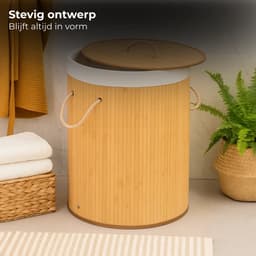Lomera Bamboe Wasmand - Wasmand Met Deksel - 48 Liter Capaciteit - Ronde Wasmand - Natuurlijke Kleur - Afneembaar Deksel - Draaghengsels - Katoenen Waszak - Wasbare Zak - Metalen Ring Versteviging — thumbnail 3