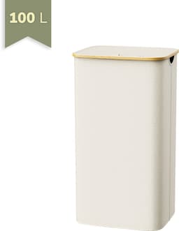 Wasmand 100 Liter met Deksel – Opvouwbare Wasmand – Beige – Middel Groot Formaat voor Badkamer – IN-HOMEXL Modena — thumbnail 1