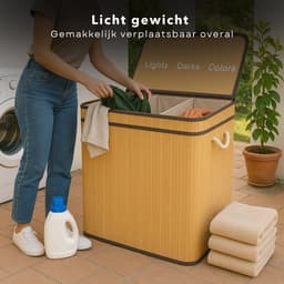 Cheqo® Wasmand 3 Vakken - Wassorteerder - Bamboe Materiaal - Uitneembare Waszak - Licht Donker Kleur - 100 Liter Inhoud - Naturel Kleur - Wasbare Binnenzak - Wasgoed Organizer - Gescheiden Was — thumbnail 2