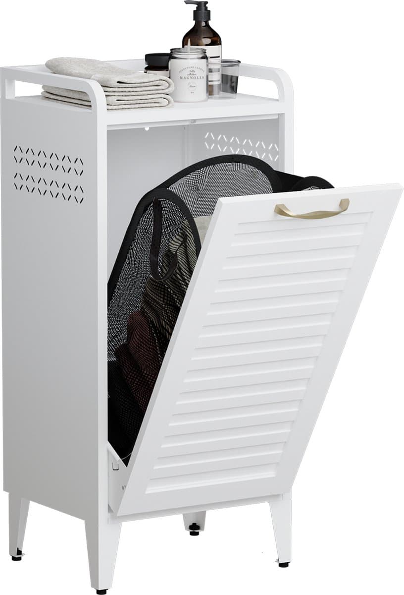 Furnstar Wasmand - Wasverzamelaar met Afneembare Waszak - Wasbox - Metalen Frame van Hoogwaardig Staal - 42 x 35 x 93 cm - Wit — afbeelding 1
