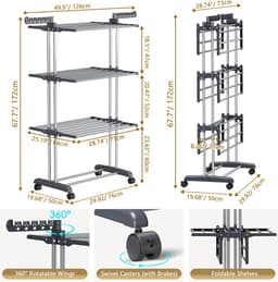 Ruesious Multifunctioneel opvouwbaar droogrek voor kleding - met rem, universele wielen - balkonschoen en droogrek voor kleding thuis — thumbnail 1
