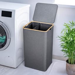 Wasmand met Deksel en 2 Vakken - 100L Grijs - Smal & Hoog - Wasverzamelaar met Bamboeframe — thumbnail 1