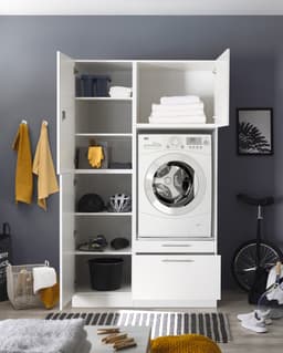 Wasmachine verhoger met lade en Linnenkast met Afsluitbare bovenkast - Wasmachine ombouwkast - Wasmachine kast - Wit - Hoogte 200 cm - Wasmachine ombouw meubel — thumbnail 2