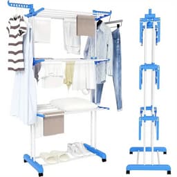 Opvouwbaar Droogrek met 3 Niveaus – 176 cm Hoog – Verrijdbaar en Ruimtebesparend – Blauw/Wit — thumbnail 2