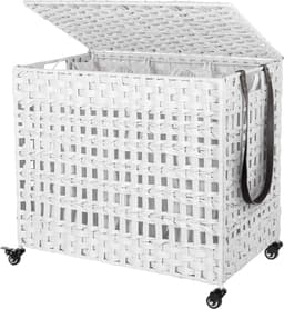 Wasmand met de hand gevlochten, wasmand van polyrotan, met 3 vakken, deksel en handgrepen, uitneembare zakken, woonkamer, slaapkamer, waskeuken, wit — thumbnail 1