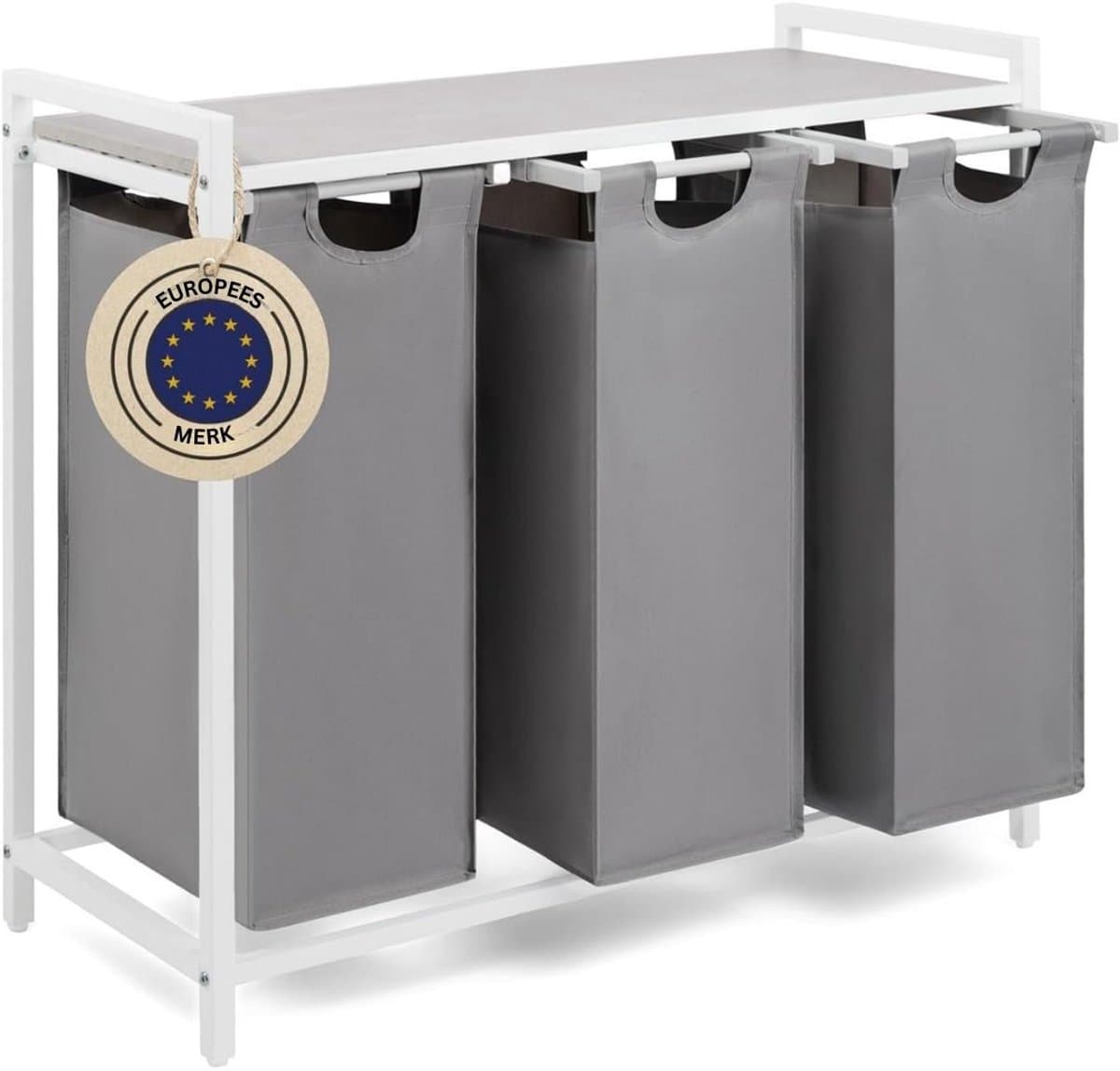 DnA® Wasmand 3 Vakken - Wasmand - Wassorteerder - Wasmand Met Deksel - Grijs/Wit - 36cm x 86cm x 73cm — afbeelding 1