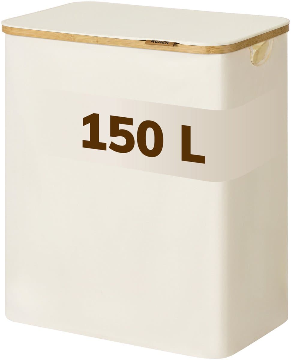 ACAZA Wasmand 3 vakken - Wasmand Met Deksel - 150 L - Bamboe - 60x 38,5 x 70,5 cm - Beige — afbeelding 1