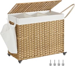 SONGMICS - Wasmand - Wasmand met Deksel - 3 Compartimenten - Met Wielen en Verwijderbare Waszak — thumbnail 1
