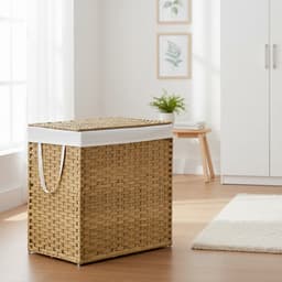 SONGMICS - Wasmand - Wasmand met 2 Vakken - Opvouwbare Rattan Mand met Deksel en Handgrepen - Uitneembare Waszak — thumbnail 3