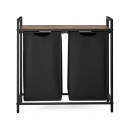 VASAGLE - Wasmand met 2 Compartimenten - 2 Uitneembare Tassen - Metalen Frame - Met Plank — thumbnail 1