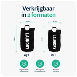 Wonair Wasmand - Waszak – Wassorteerder - Waszakken voor wasgoed - Wasmand Opvouwbaar – Zwart – 115L — thumbnail 2