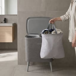 Loomera® Wasmand met Deksel 60L – Wassorteerder 2 Vakken – Wasmand met Poten – Wasbox met Waszak – Grijs — thumbnail 4