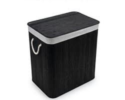 Wasmand, 150L, wasbox met deksel, wassorteermachine, van bamboe, met handvatten, 3 compartimenten, opvouwbaar, katoen, waszak machinewasbaar, wasruimte, Zwart