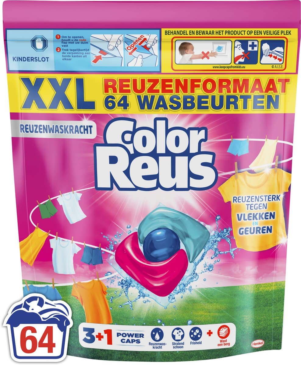 Color Reus 3+1 Power Caps - Wascapsules Wasmiddel - Gekleurde Was - 64 Wasbeurten - Grootverpakking — afbeelding 1
