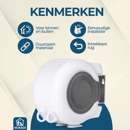 Hukadi - Waslijn - Uitschuifbare waslijn 2x15 Meter - Waslijn Uittrekbaar - Wanddroogrek - Drooglijnen - Voor binnen en buiten - Rolgordijn - Waslijndraad - Drooglijn Oprolbaar - Waslijn camping - Droogrek — thumbnail 5