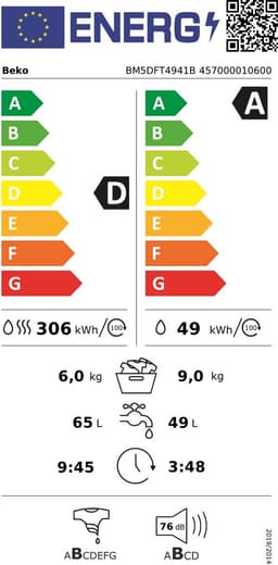 BEKO BM5DFT4941B - Wasdroogcombinatie - 9kg/6kg - 1400t - EnergySpin - ProSmart - Inverter motor — thumbnail 2