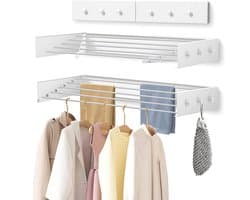 YONO Wanddroogrek Inklapbaar - Droogrek Hangend met 6 Haakjes - Wasrek Muur - Balkon - Wit — afbeelding 1