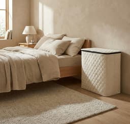 MAZAZU Wasmand met Deksel & Uitneembare Waszak - XXL 132 Liter - Diamond Stitch - Bamboe Frame - Crème Wit - 57x37x63 cm — thumbnail 2