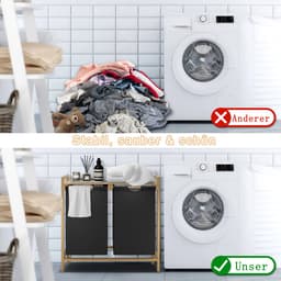 Froadp Wasmand bamboe frame 2 vakken 36 l 73 x 64 x 33,5 cm Wasmand met opbergvak Waszak Wasbox van Oxford-stof Wasbak houten waszakken voor wasruimte slaapkamer - zwart — thumbnail 4