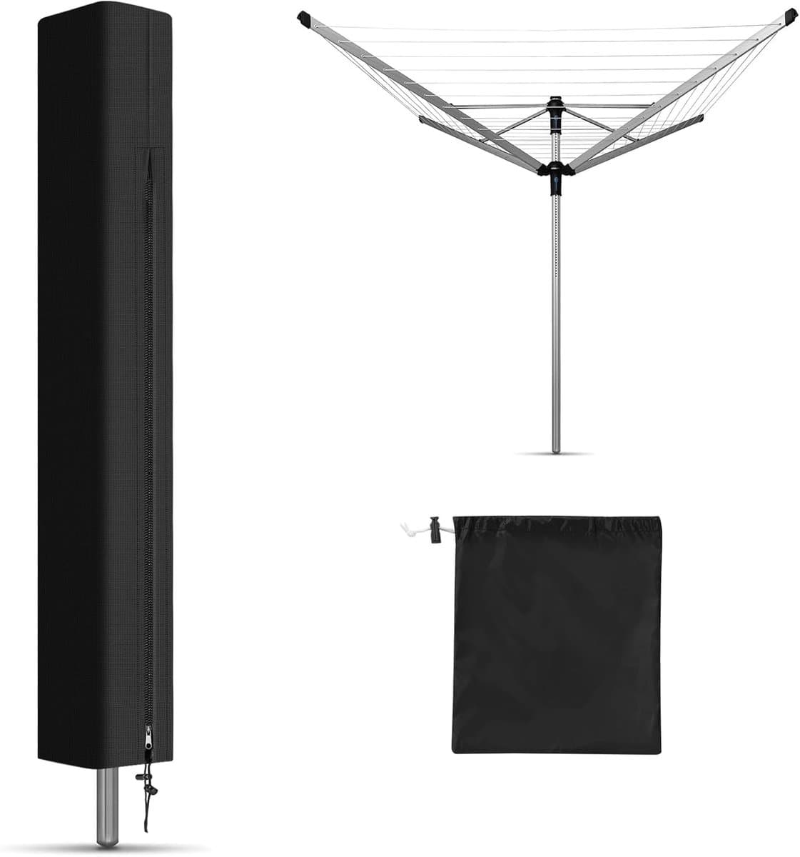 Droogmolen Hoes - Zwart - 165x16x16 cm - Hoes voor Droogmolen - met rits - 210D Oxford-stof - Droogmolen Hoes Universeel - Heavy Duty Roterende Waslijn Afdekking - Waterdicht en UV-Bestendig Stofdicht, Regenbestendig - voor Tuin, Binnenplaats, Buiten — afbeelding 1