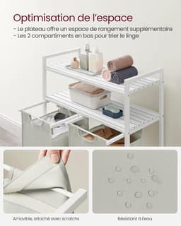 Vasagle Wasmand, wassorteerder met 2 uittrekbare en verwijderbare zakken, 2 planken, 46 l inhoud per zak, voor de wasruimte, wit — thumbnail 3