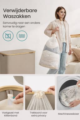 Delightness Wasmand - Wasmand 3 Vakken - Wasmand Met Deksel - Wasmanden - Uitneembare Waszak - 150 L - Bamboo - Camel Bruin — thumbnail 2