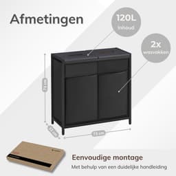 ACAZA Wasmand - Wasmand Met Deksel - 2 Vakken - 120 L - 73 x 33 x 71cm - Zwart — thumbnail 2