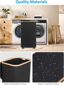 Wasmand op Wielen – 110 Liter – Opvouwbaar – Wasmand Stof - Laundry Basket - Met Deksel & Handvaten - Bamboe - Incl. Waszak - Zwart — thumbnail 5