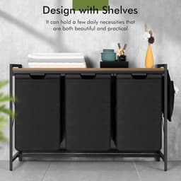 Laundry Basket with 3 Compartments and Shelf - Total Capacity 3 x 50 L - Removable Oxford Cloth Bag - Side Pockets and X-Shaped Holder — thumbnail 4