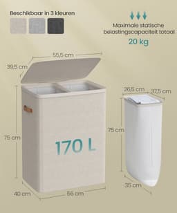 Wasmand 170 Liter met Deksel - 2 Vakken Wassorteerder - Grote Wasbox van Stof - 56x40x75 cm - Opvouwbare Waszak - Beige / Crème — thumbnail 3