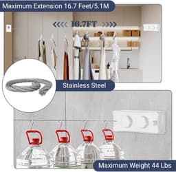 Uitrekbaar 51 m Roestvrijstalen Kabel Wandwaslijn - Voorkomt Doorhangen - Voor Bijkeuken, Balkon, Hotel, Badkamer, Slaapkamer (Twee Lijnen) — thumbnail 5