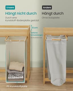 Furnstar wasmand - 3 vakken - Bamboe - Wasverzamelaar 150 l - Wassorteerder met plank -Waszak - Kleine zijzakken - 3 x 50 l 94 x 33 x 78 cm - Crèmewit — thumbnail 4