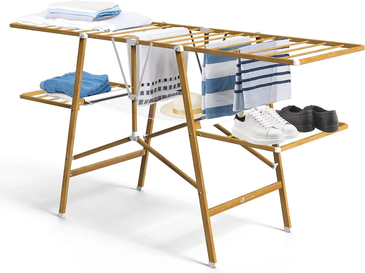 Staand Droogrek 20m Roestvrij Staal Drooglengte - Inklapbaar - Imitatie Hout Design — afbeelding 1