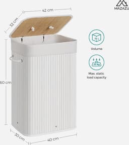 MIRA Home - Wasmand met deksel - Wasbox bamboe met handvatten - Wit - 72 liter - 40x30x60 cm — thumbnail 2