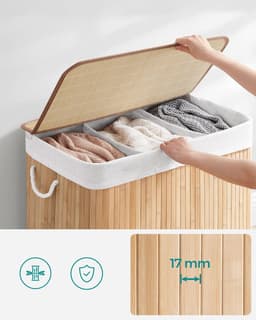Wasmand, 150L, wasbox met deksel, wassorteermachine, van bamboe, met handvatten, 3 compartimenten, opvouwbaar, katoen, waszak machinewasbaar, wasruimte, Natuurlijke kleur bamboe, LCB091N01 — thumbnail 2