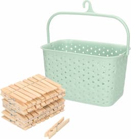 Wasknijpers mandje met ophanghaak - groen - gevuld met 100x houten wasknijpers van 7 cm - was ophangen — thumbnail 1