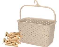Wasknijpers mandje met ophanghaak - beige - gevuld met 96x houten wasknijpers van 7 cm - was ophangen — afbeelding 1