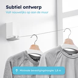 ENISTO® Waslijn - Uittrekbare waslijn - Enkele lijn - 4,2 meter - Wit - Alternatief droogrek - Wanddroogrek - Waslijndraad uittrekbaar - Roldrooglijn - Wasdraad - Ruimtebesparend - Met of Zonder boren — thumbnail 2