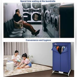 Uten Draagbare elektrische droger Gr886 - 2 lagen droog Design - Warmtepompdroger - 1500 W - Timer 0-180 Min - Elektrisch Droogrek met Verwarming - Wasdroger - Tot 15kg wasgoed - Als wasdroger, droogrek en Kledingkast- Hoogte 1.5 M - Blauw — thumbnail 4