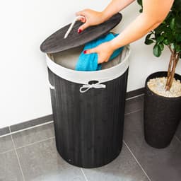 wasmand bamboe - 70 l - opvouwbaar - met deksel en katoenen waszak - Ø 41 cm - zwart — thumbnail 3