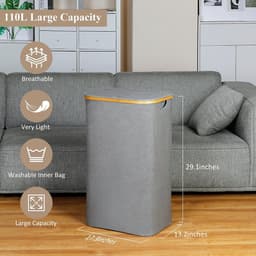 IEGrow Wasmand voor wasgoed, 110 liter, XL, met deksel en handvat, hoge wasmand met binnenzak, voor vuile kleding, speelgoed handdoeken (grijs) — thumbnail 3